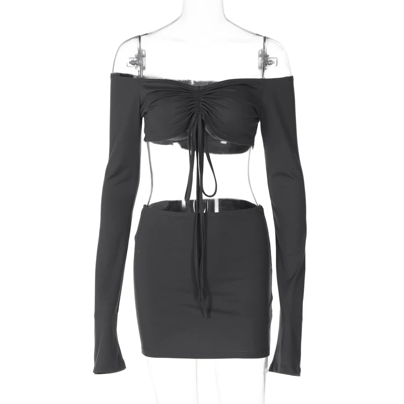 Hugcitar Women Matching 2 Piece Set Long Sleeve Drawstring Ruched Crop Top Mini Skirt Suit Co Ords Outfits Bodycon Sexy Party