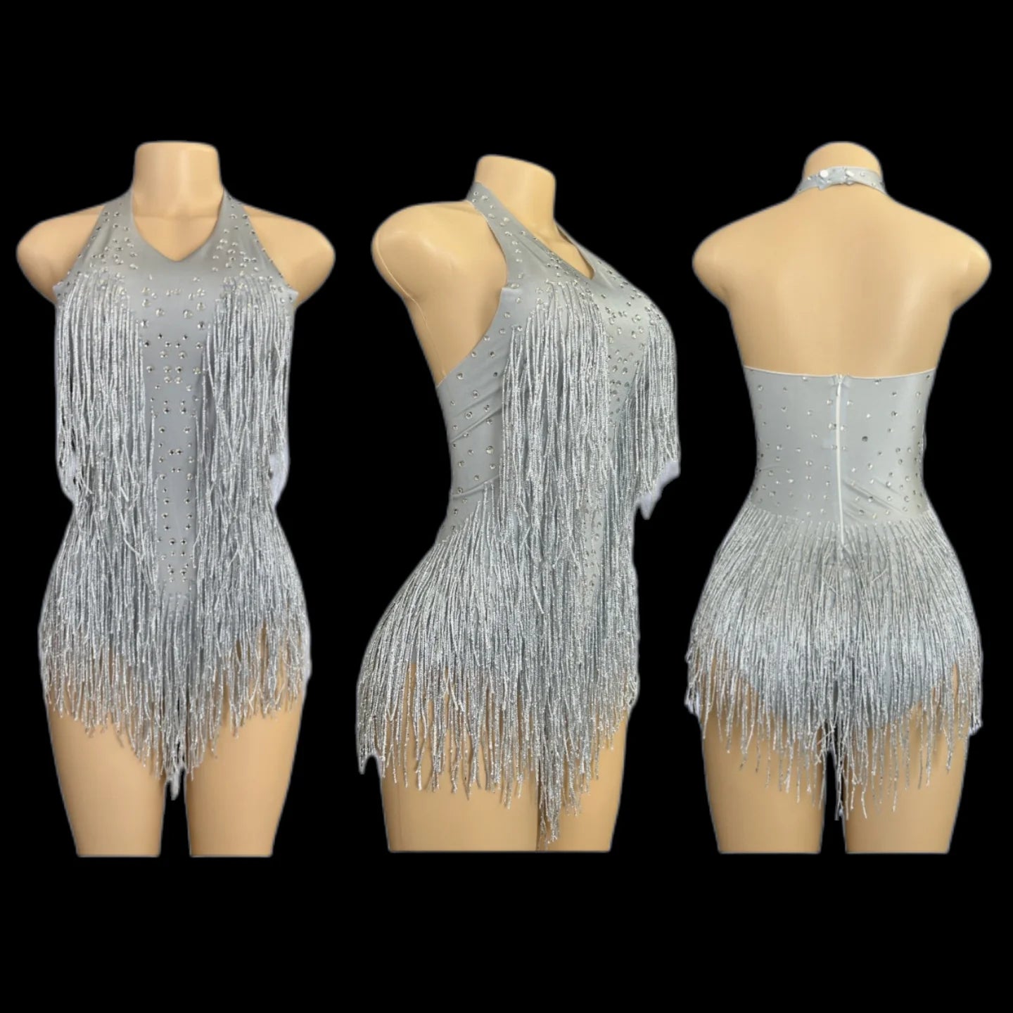 Sparkly Rhinestones Fringe Bodysuit WomenVightclub Party Dance Costume Stage Wear SexyTassel Leotard Performance Clothing 7G