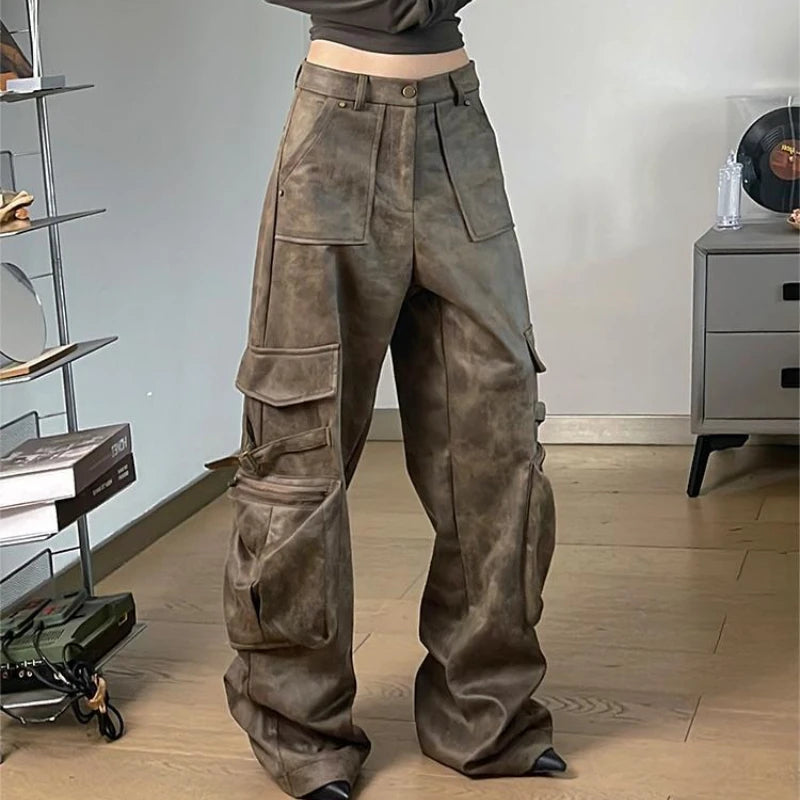 Deeptown Y2k Baggy Leather Cargo Pants Women America High Street Casual Trashy Wide Leg Trousers 2000s Harajuku Pantalones