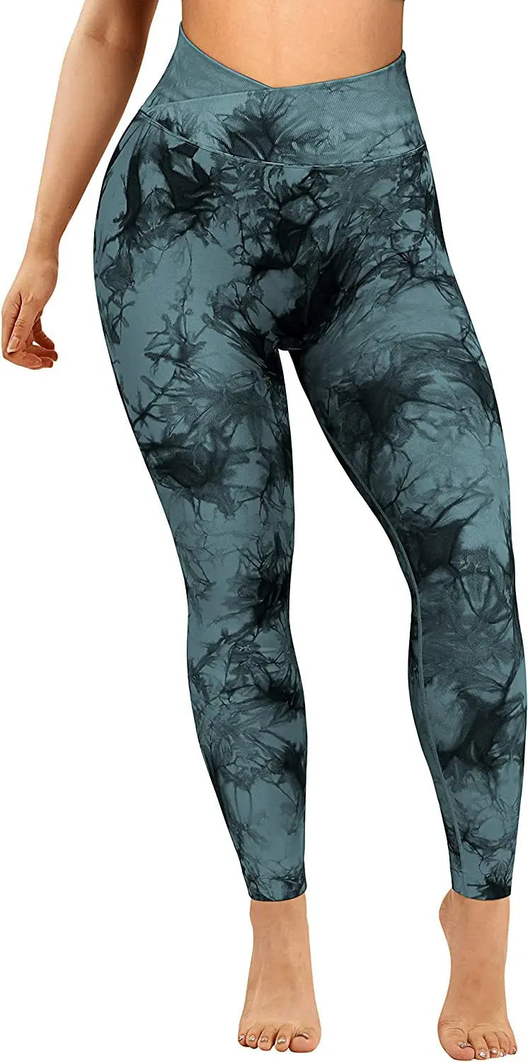 Women Cross Waist Leggings Seamless Tie Dye Leggings High Waist Hip Liftting Gym Workout Running Fashion High Elastic Knit Pants