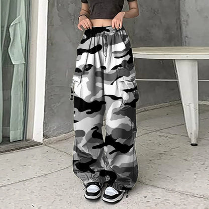 Womens Baggy Cargo Camo Print Pants Streetwear Hip Hop Joggers Sweatpants Drawstring Casual Loose Wide Leg Womens Sports Pants
