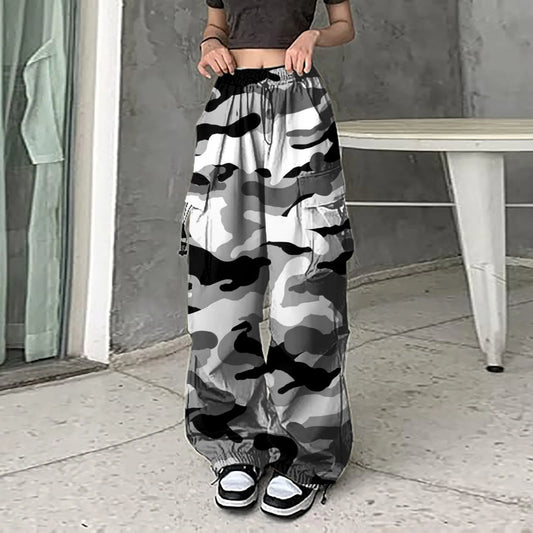 Womens Baggy Cargo Camo Print Pants Streetwear Hip Hop Joggers Sweatpants Drawstring Casual Loose Wide Leg Womens Sports Pants