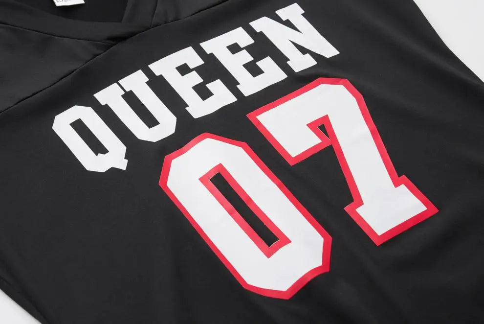 2024 New Fashion V-Neck Queen Letters Print Dress Short Sleeve Basketball Sporty Style Sexy Loose Female Clothing Streetwear
