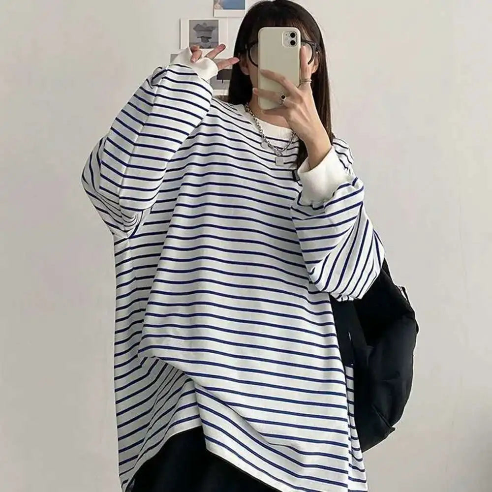 Plus Size 5XL 150KG Spring Harajuku Striped T Shirt Long Sleeve O Neck Loose Top Oversized t-shirt