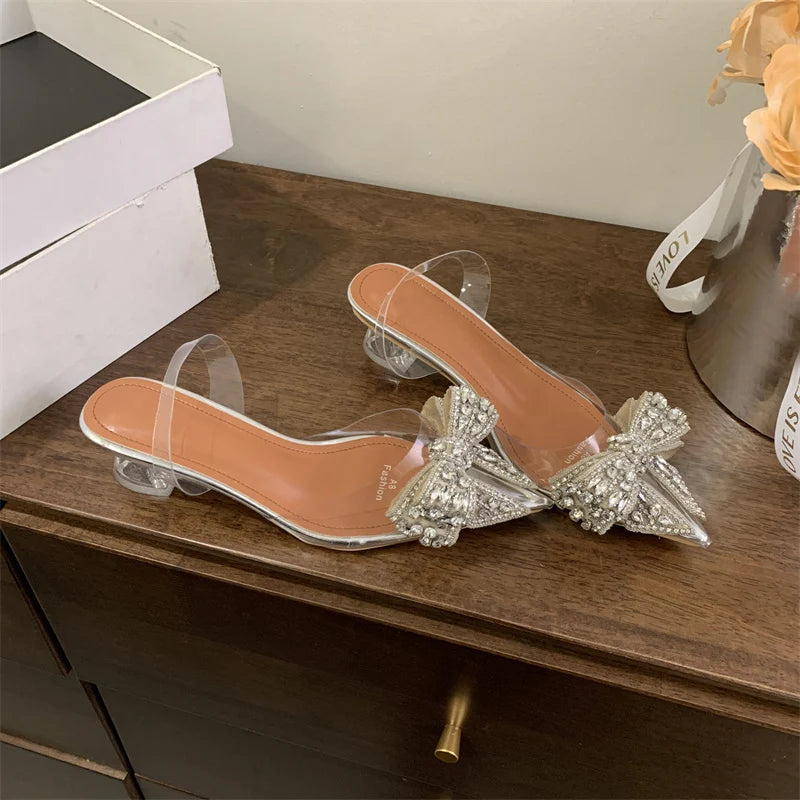 Liyke Fashion Design Crystal Bowknot Women Pumps Sexy Pointed Toe Clear High Heels Wedding Prom Shoes PVC Transparent Sandals