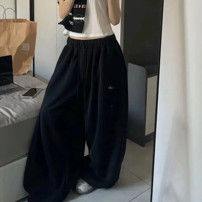 Oversize Cotton Woman Black Sweatpants Y2K Korean Streetwear Loose Casual Jogger Pants High Waist All Match Drawstring Trousers