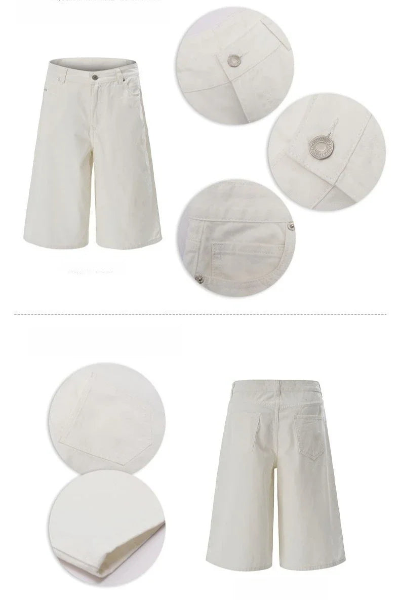 100% Cotton White Jeans Summer Men's Shorts Baggy Wide-leg Casual Calf-length Denim Pants Oversized Loose Fashion Streetwear