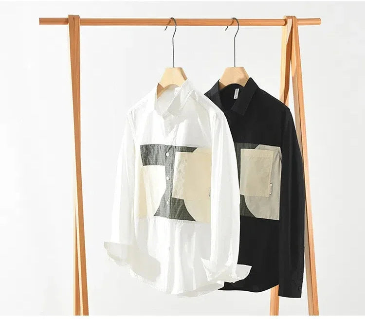 100% Cotton New White Shirt Men Spring Fall Daily Casual Long Sleeve Shirt Man Patchwork Design Shirt Streetwear Fashion Shirts