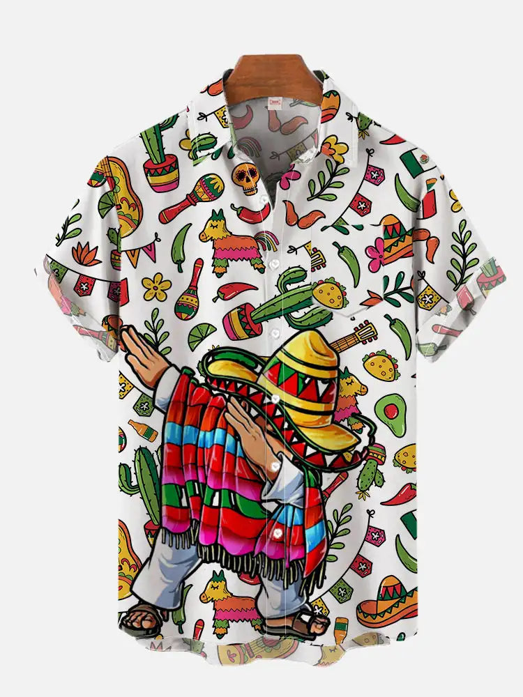 2024 Fashion Men's Hawaiian shirts Mexican Style Colorful Graffiti Art Poster Prints Short Sleeve Shirt  Hawaii style clothing