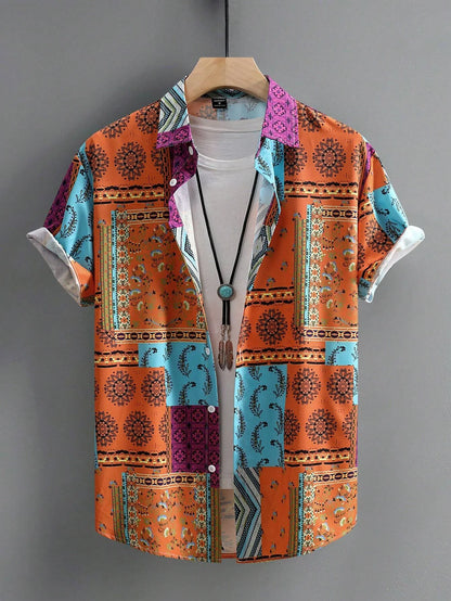 2024 Men Summer Casual Vacation All-Over Printed Short-Sleeved Shirt With Scattered Fashion Top Loose Men Clothing simple design