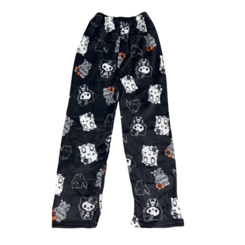 Kawaii Hello Kitty Pajamas Black Anime Flannel Women Warm Woolen Whitecartoon Casual Home Pants Autumn Fashion Trousers Gifts