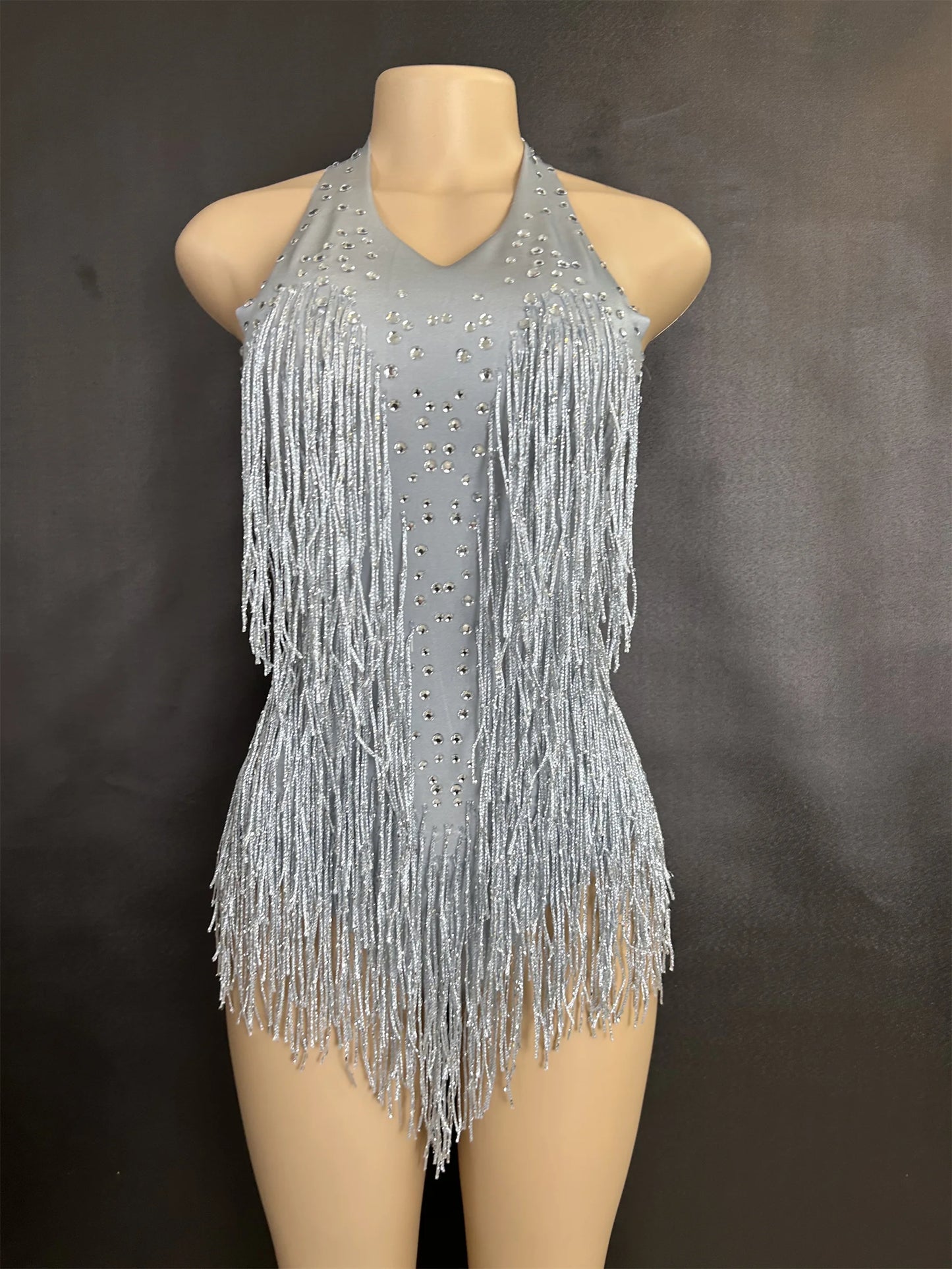 Sparkly Rhinestones Fringe Bodysuit WomenVightclub Party Dance Costume Stage Wear SexyTassel Leotard Performance Clothing 7G