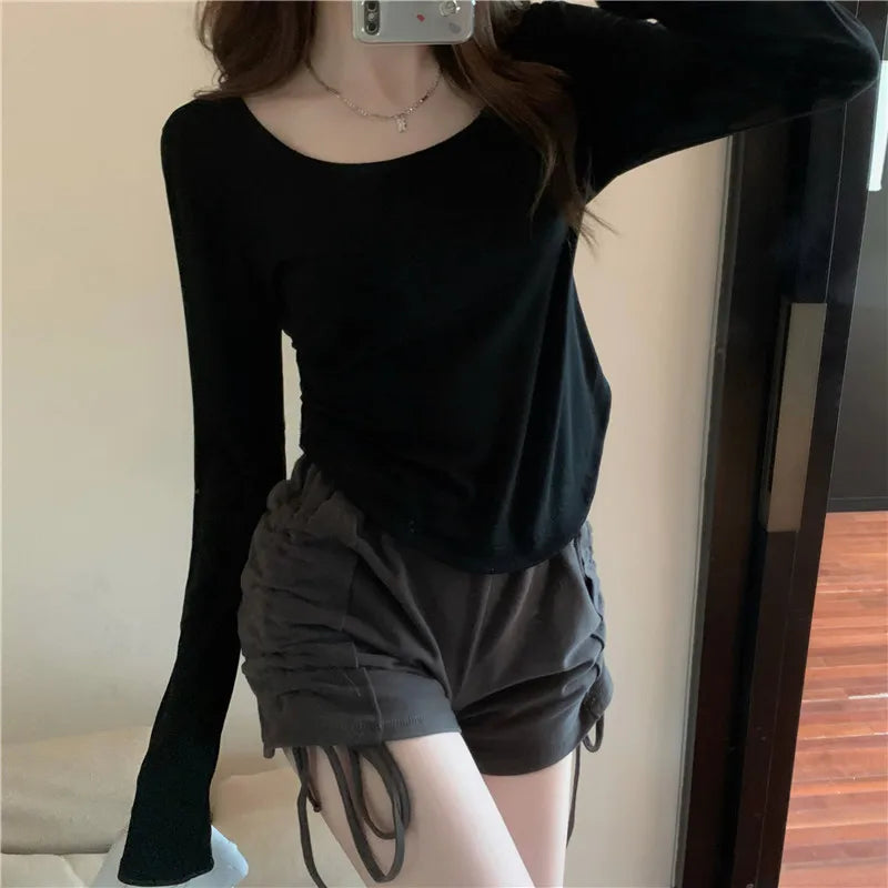 Custom LOGO Long Sleeve T-Shirt Autumn/Winter New Irregular Slim Student Top Girl Spice Base Shirt