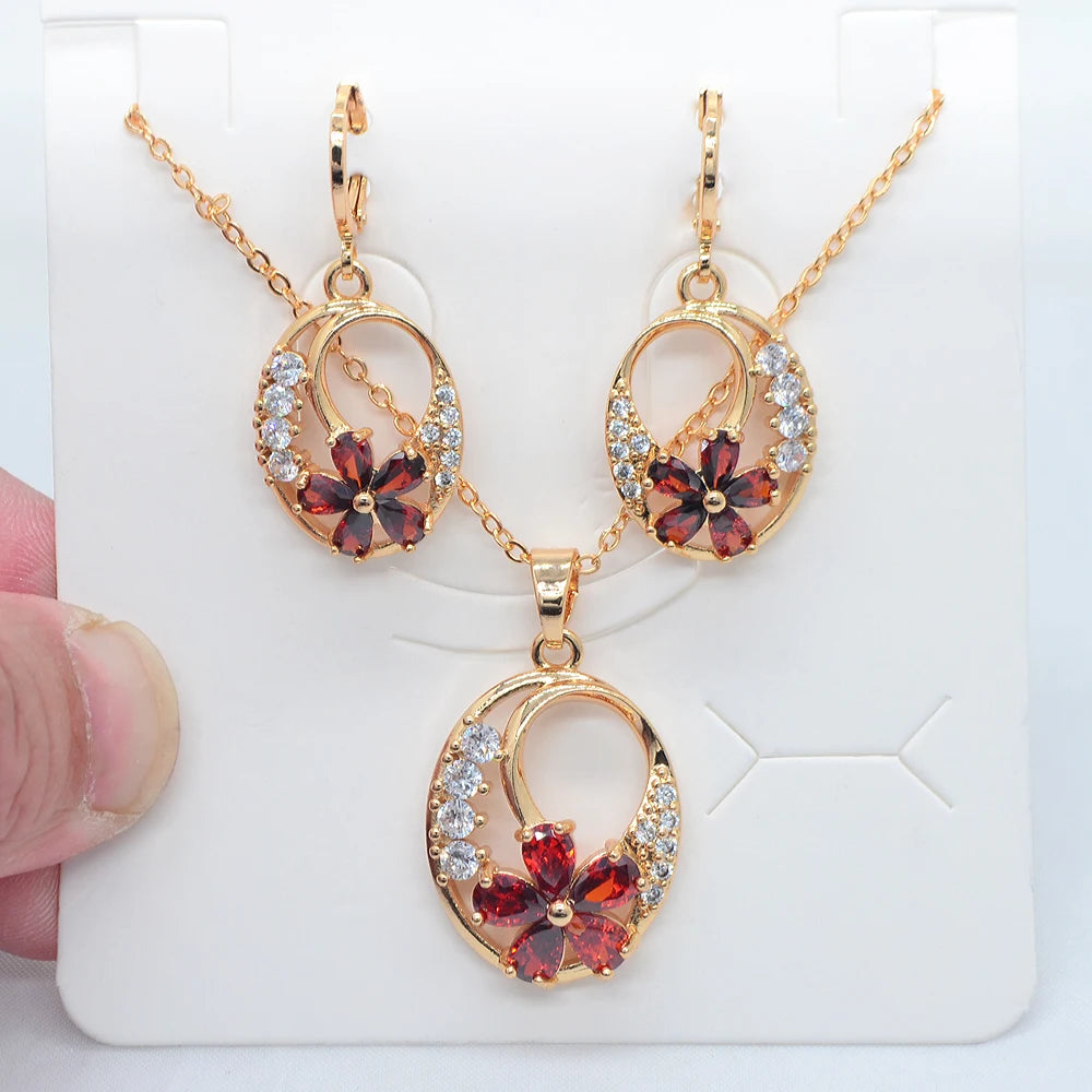 Fashion Gold Color Women Multicolor Cubic Zirconia Oval Flower Jewelry Set