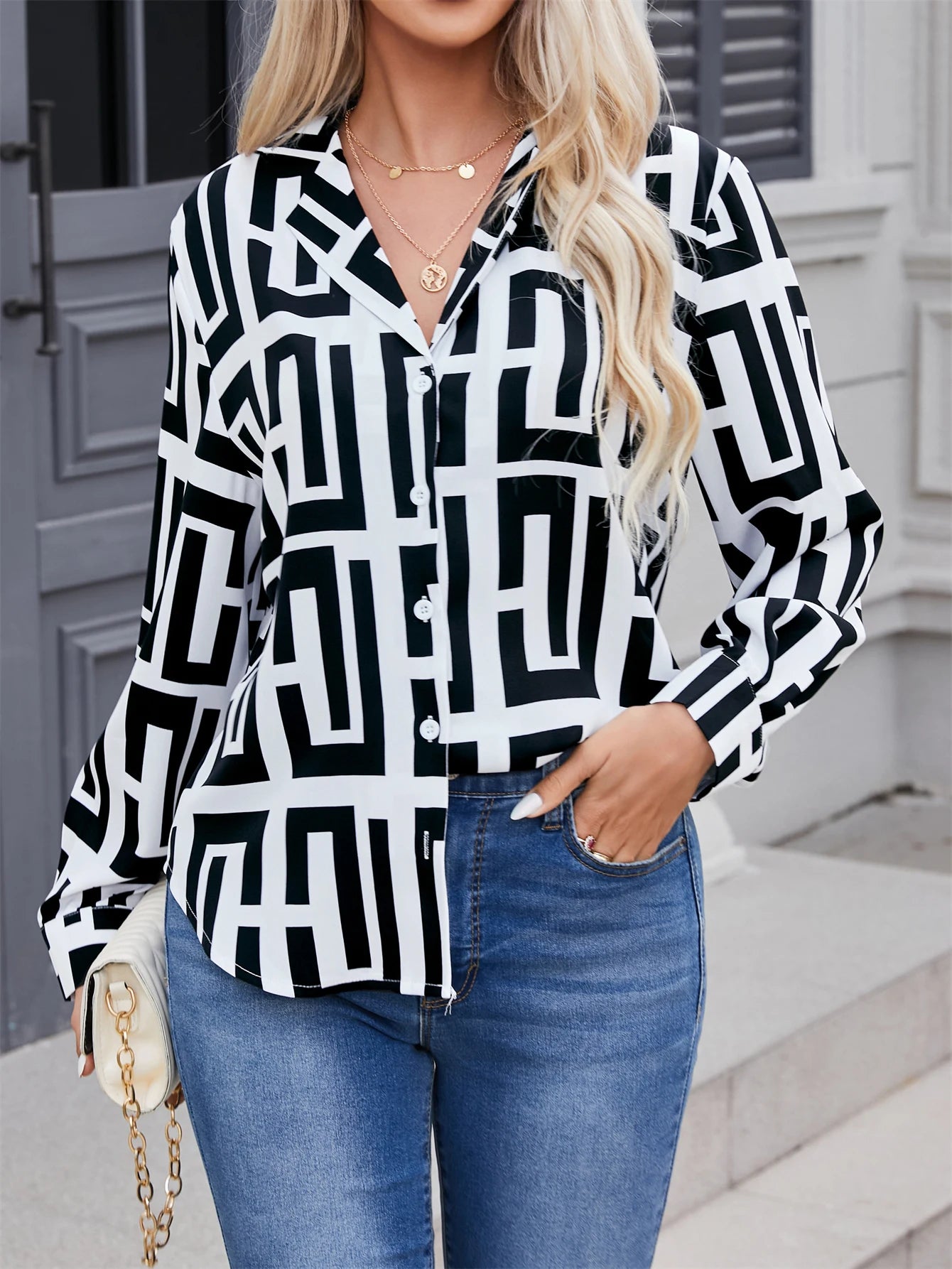 2024 Elegant geometric printed long sleeved shirts For Women Fashion Suit Collar Button Front Blouse