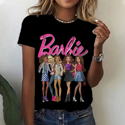 2024 Miniso Barbie Hot Print Student Casual Loose Short Sleeve Summer Crew Neck Breathable T Shirt Fashion Women Top
