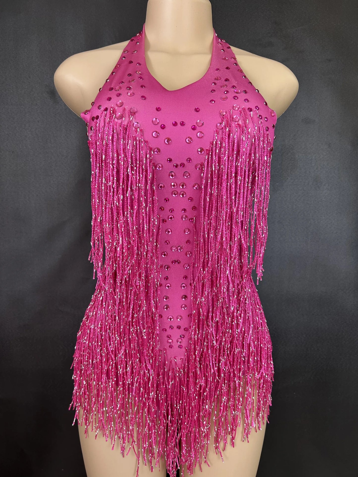 Sparkly Rhinestones Fringe Bodysuit WomenVightclub Party Dance Costume Stage Wear SexyTassel Leotard Performance Clothing 7G