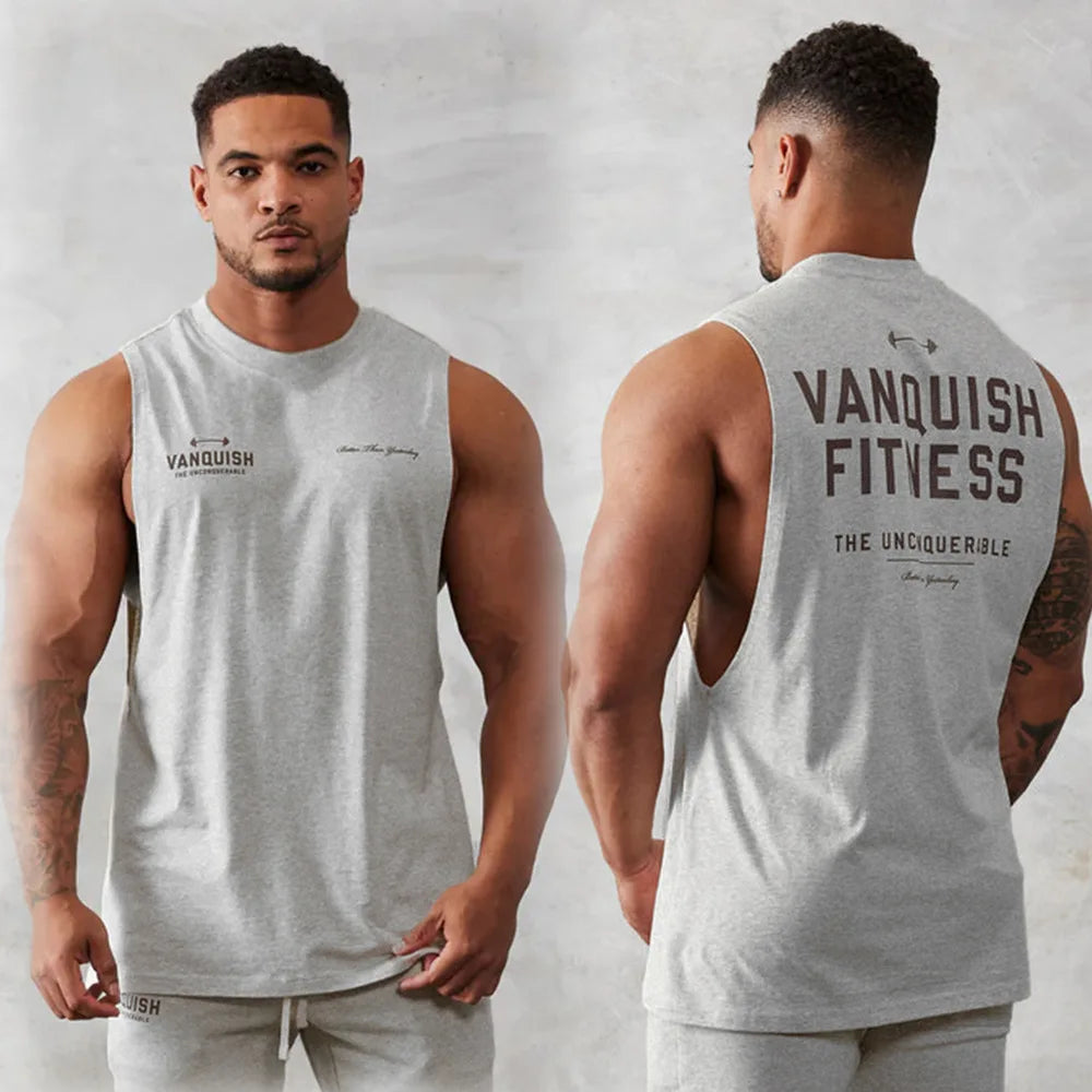 Gym exercise fitness sports men's vest cotton wide shoulder round neck sleeveless shirt slim casual men's wear