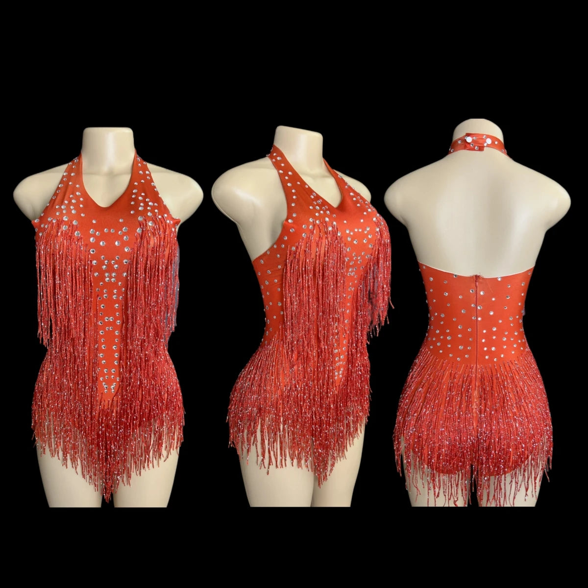 Sparkly Rhinestones Fringe Bodysuit WomenVightclub Party Dance Costume Stage Wear SexyTassel Leotard Performance Clothing 7G