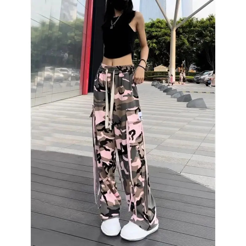 Women's Retro Camouflage Elastic Waist Pocket Drawstring Straight Tube Workwear Fashion Versatile Autumn New Loose Casual Pants