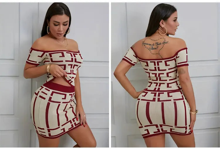 Sexy Geometric Print Women's Two Pieces Set Off Shoulder Short Sleeve Tops & Vintage High Waist Mini Skirt Chic Lady Skirts Set